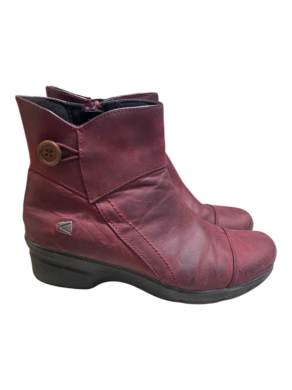 Keen Barley Mid-Button Mora Leather Ankle Boots Women Size 9 Burgundy Red